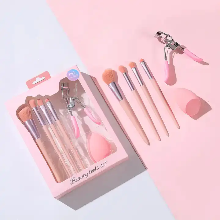 6 pcs Cosmetic Face Makeup Brush Set + Eyelash curler + powder puff